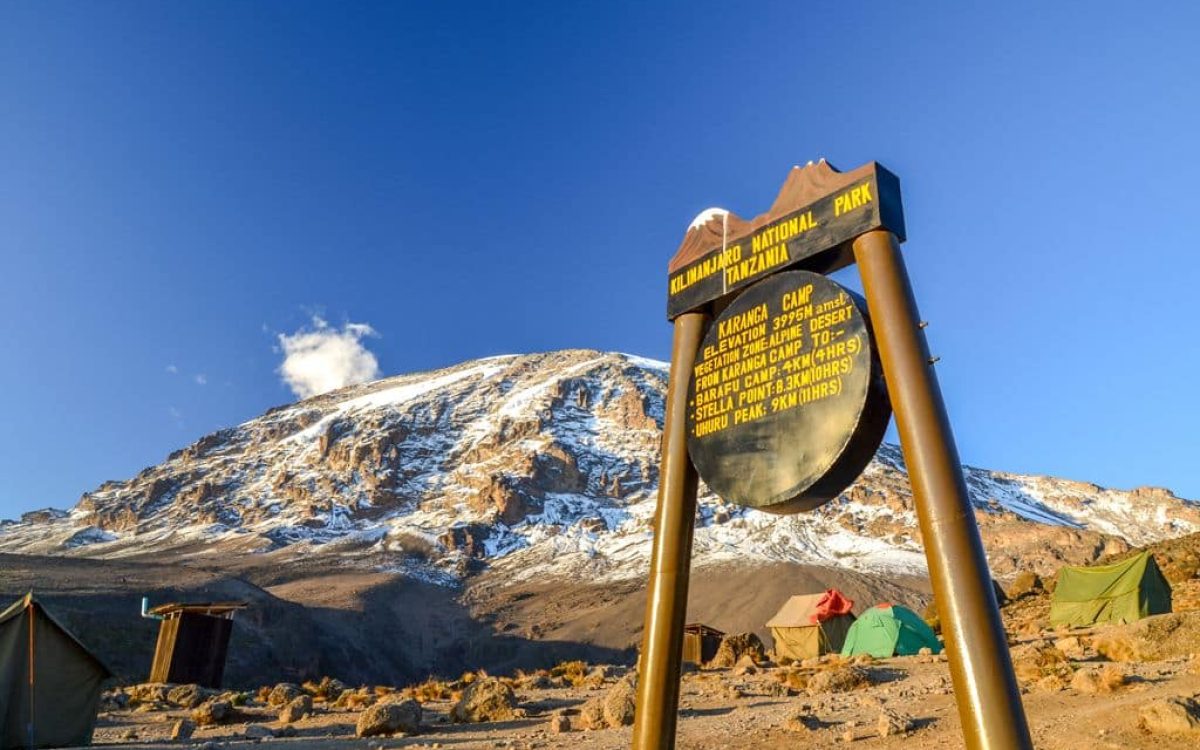 Karanga Camp at Mount Kilimanjaro – Tansania, Africa Kilimanjaro, Tanzania - March 9, 2015: Kibo with Uhuru Peak (5895m amsl) at Mount Kilimanjaro, Kilimanjaro National Park, seen from Karanga Camp at 3995m amsl. Park sign and tents in the background.